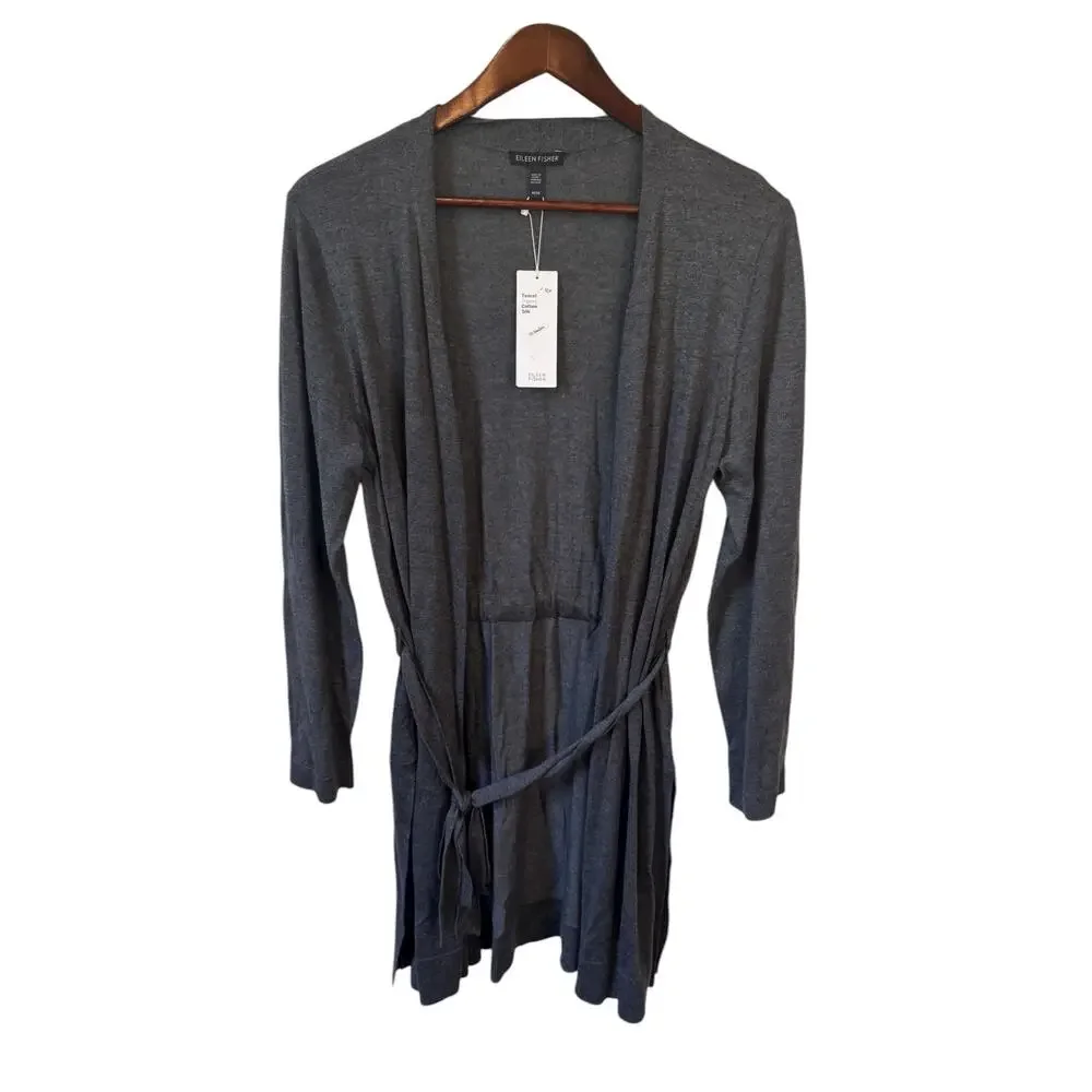 EILEEN FISHER NWT Belted Simple Cardi Sweater Ash Grey Cotton Silk Blend Cozy